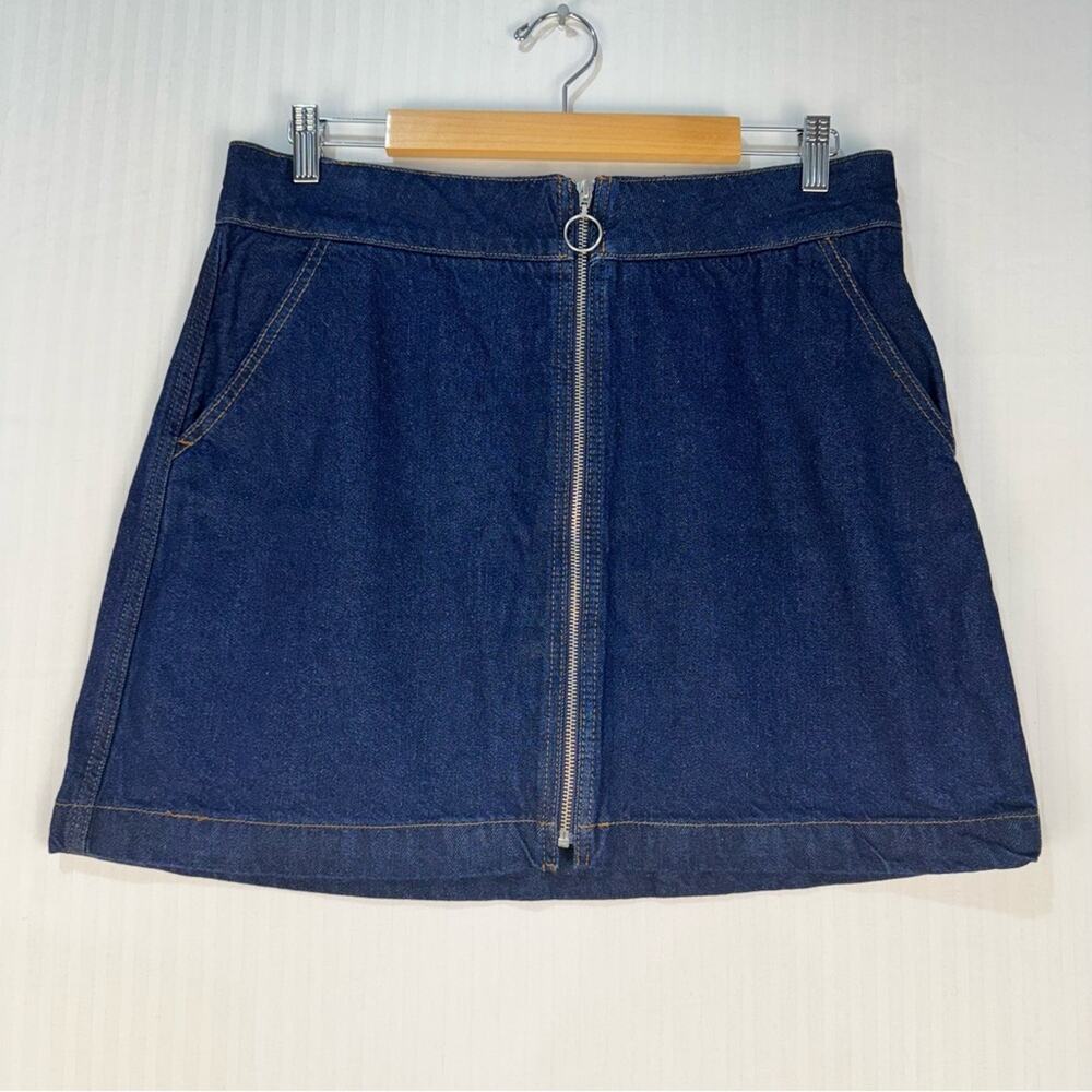 Topshop Moto Denim Zip Micro Mini Skirt Zip Front Blue Jean Size 12 Bikercore